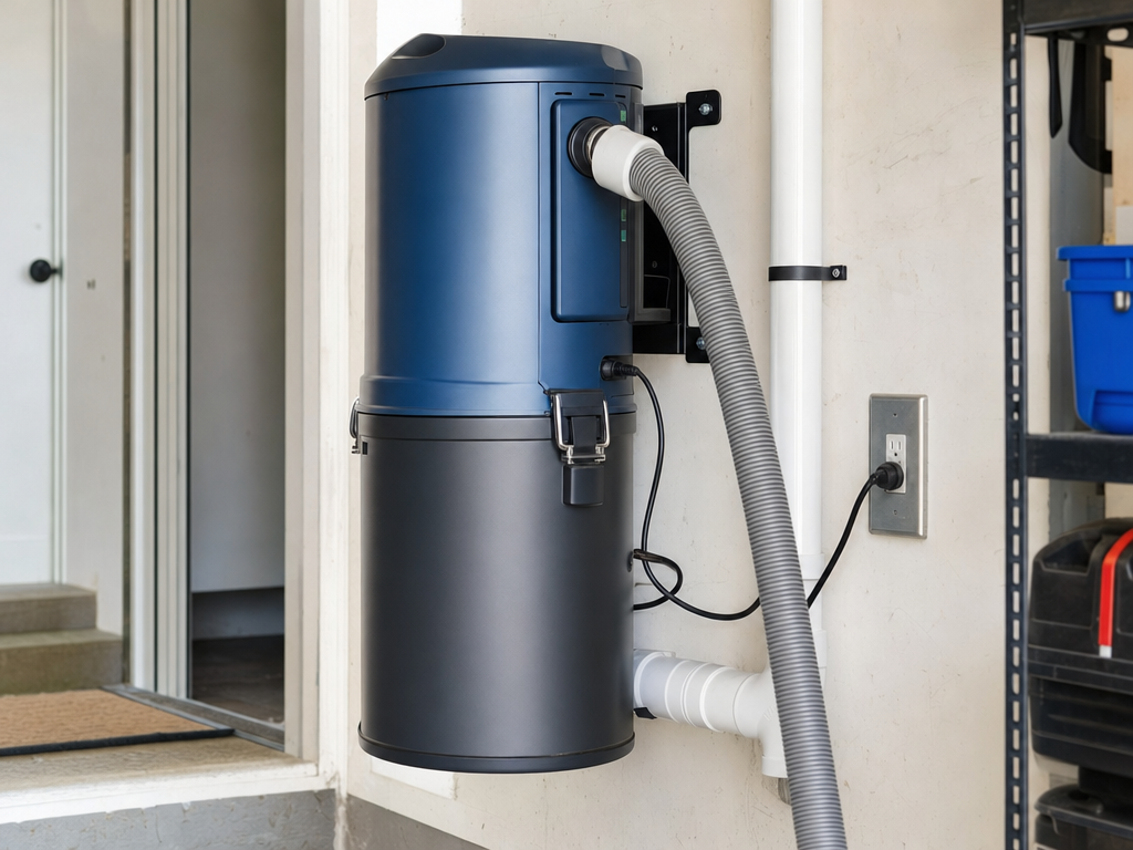 How Much Does Vacuum Repair Cost? What Actually Drives the Price 1 Central vacuum power unit mounted in a home utility closet with tubing connections visible