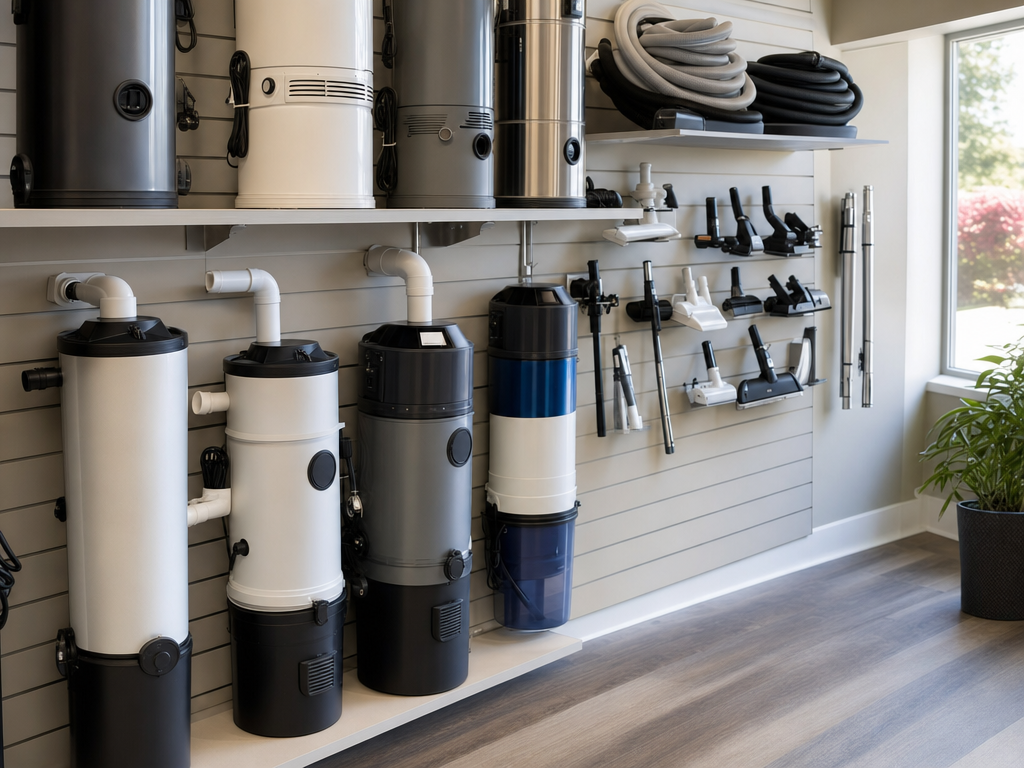 Choosing a Central Vacuum Installation Service in The Villages: Questions to Ask Before You Decide 1 Central vacuum units and hoses displayed on shelves inside a vacuum shop