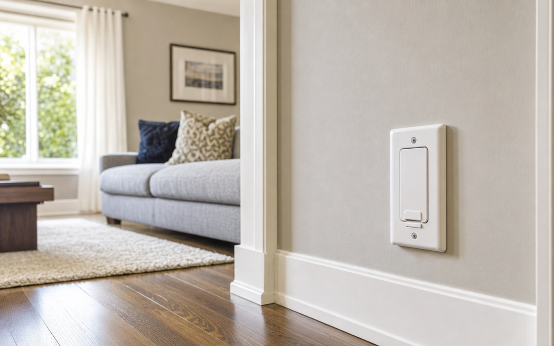 Central vacuum wall inlet installed in a finished living room wall