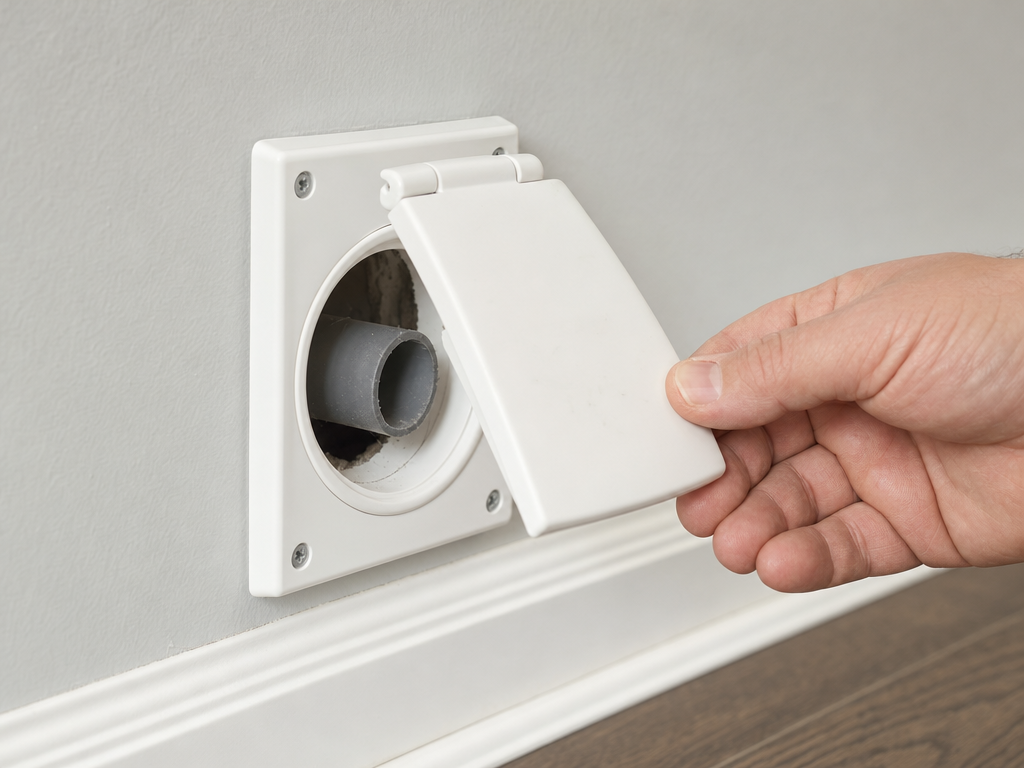Close-up of a central vacuum wall inlet valve being inspected during a repair