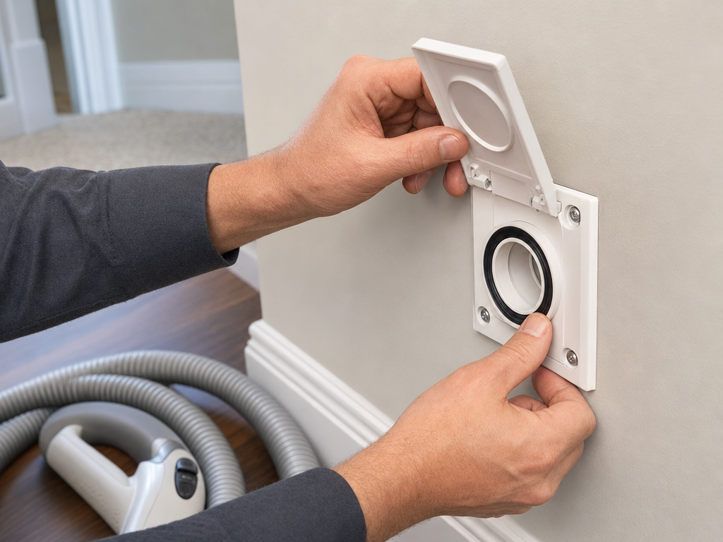 Choosing Central Vacuum Repair: Questions to Ask Before You Decide 1 Close-up of a technician checking a central vacuum wall inlet valve