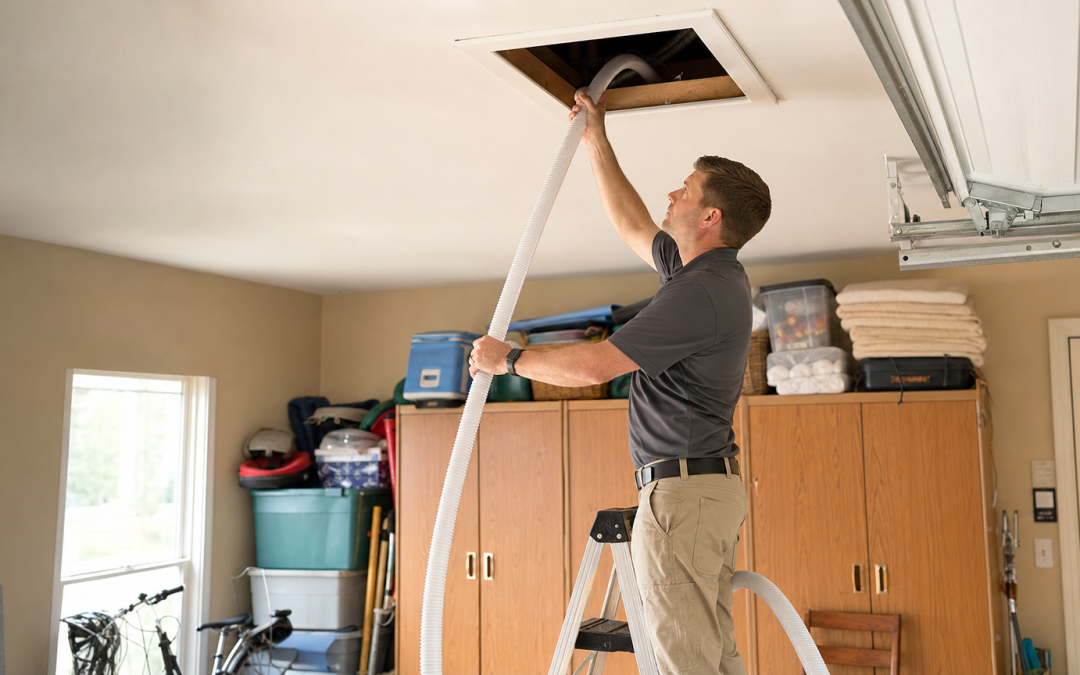 Installer running central vacuum tubing through the attic of an existing home
