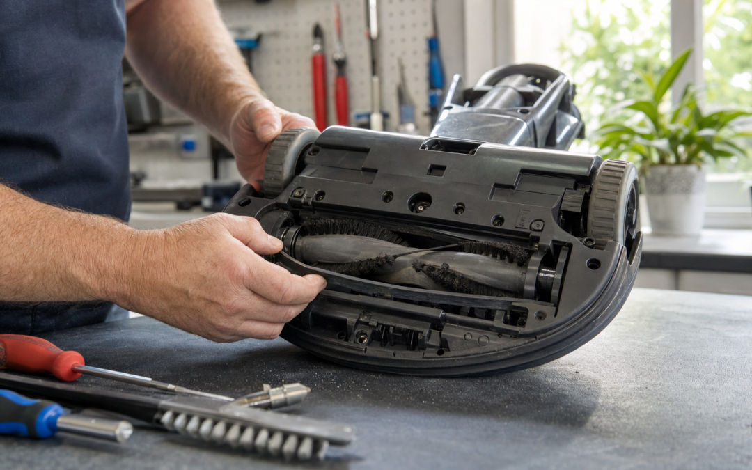 Technician inspecting the brush roll and belt on a vacuum cleaner during a repair