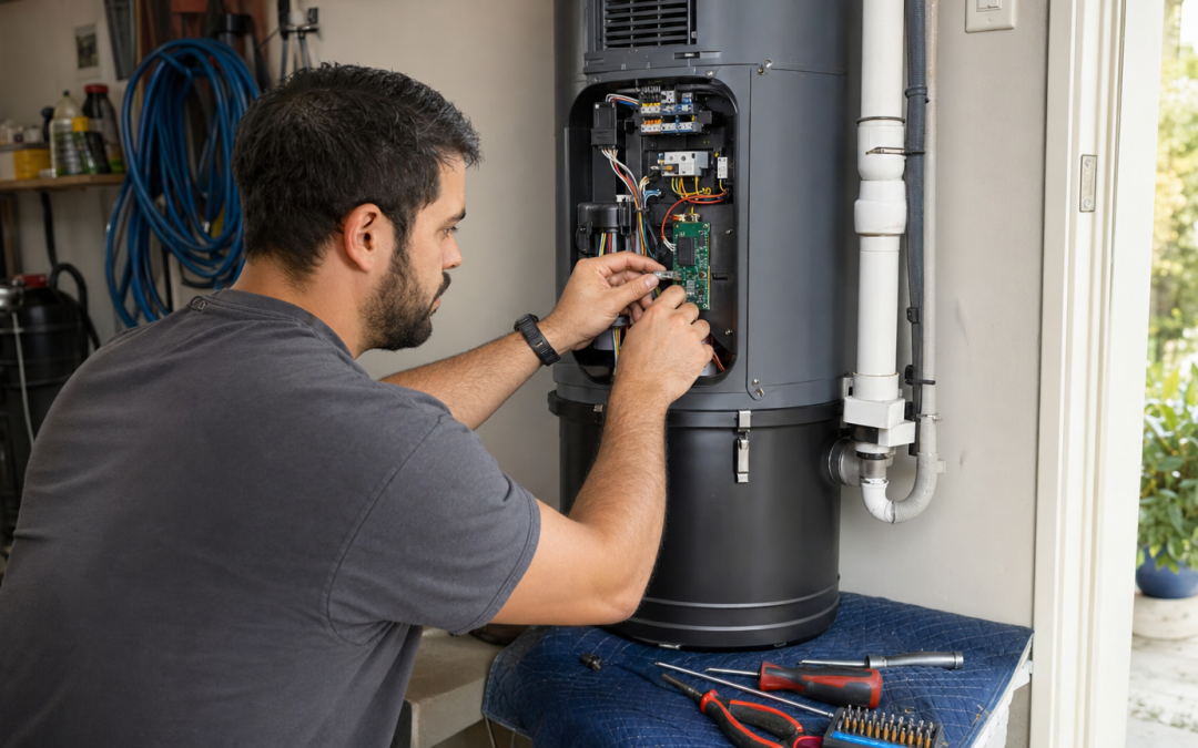 Technician repairing a central vacuum power unit mounted in a garage